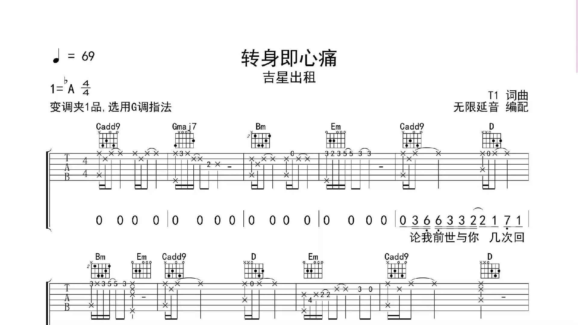 转身即心痛,吉他谱,吉他弹唱,动态吉他谱