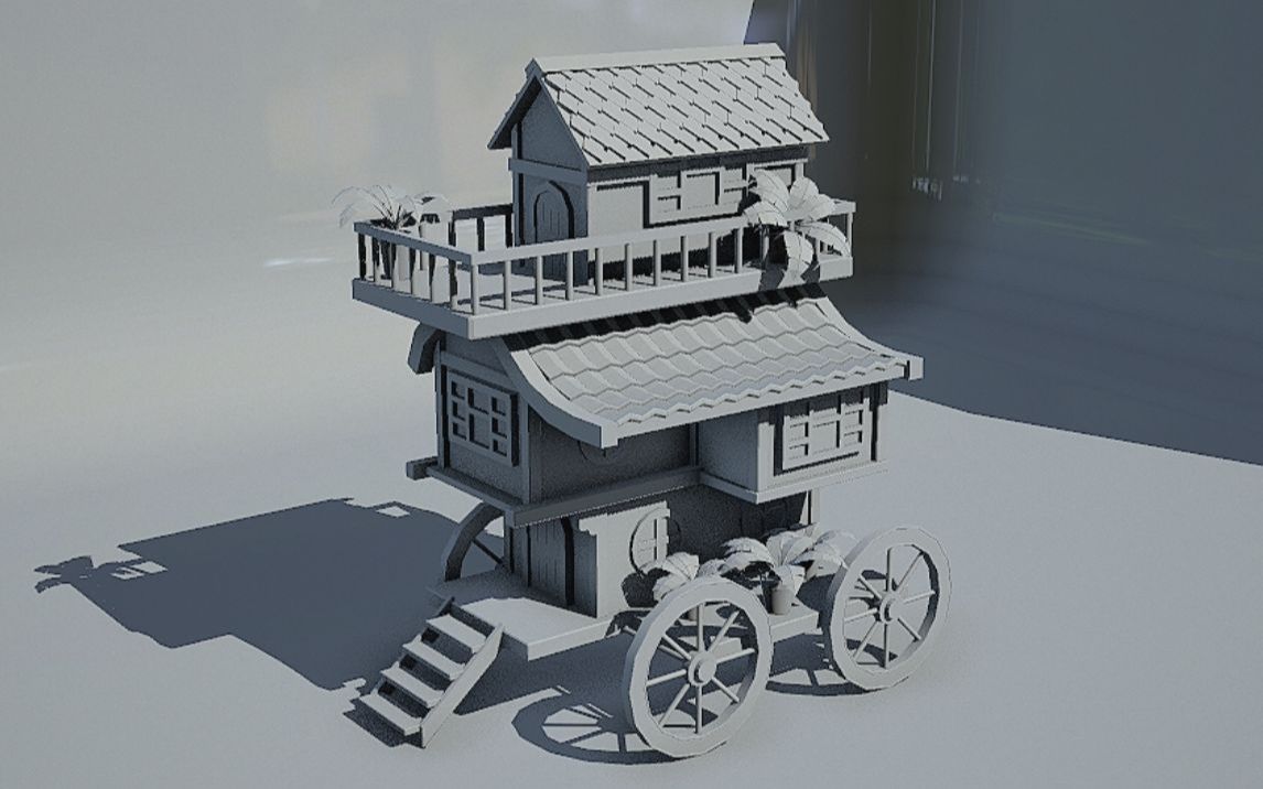 【3dmax建模】古风游戏马车模型制作教学,木质结构布线技巧,基础案例