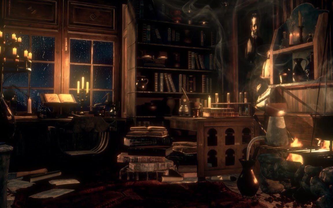 中世纪氛围炼金术士的房间73醉心于研究的暴风雨之夜雷雨声壁炉声