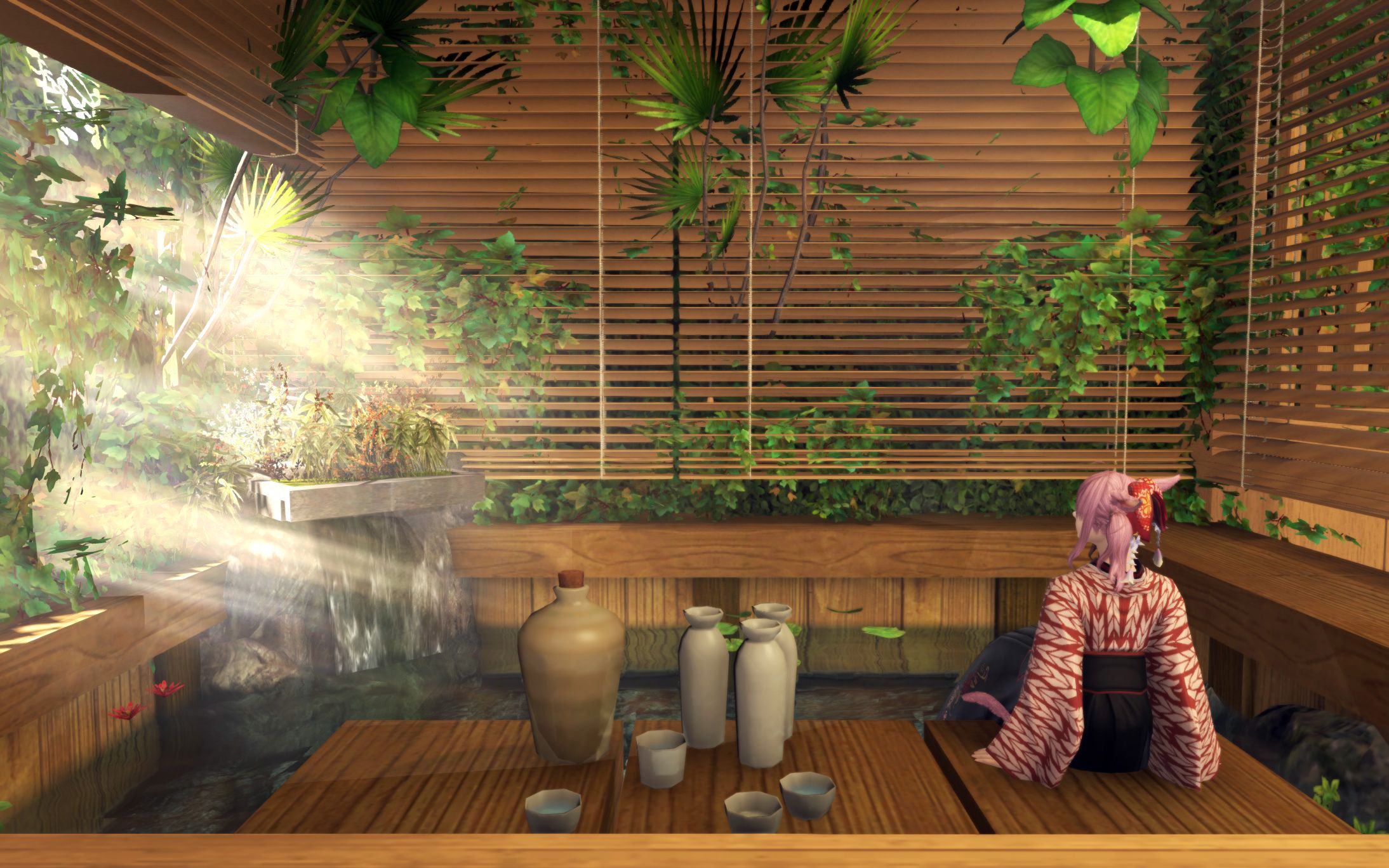 【ff14装修】s房 | 浅色系日式和风 茶室书房 夜景温泉卧室