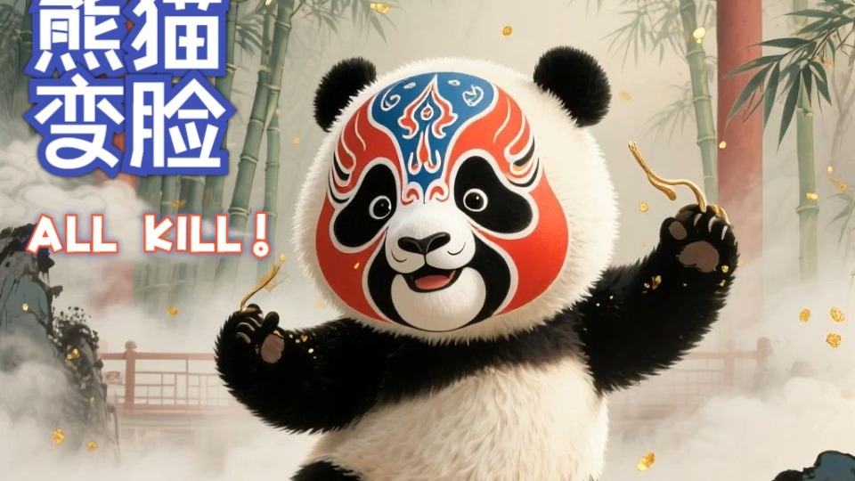可爱熊猫表演川剧变脸