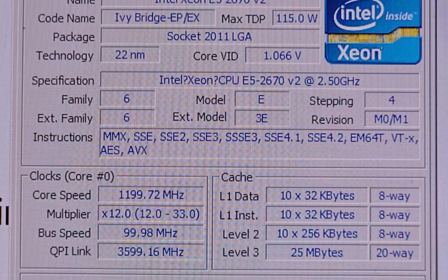 intel xeon e5-2670v2*2 双路处理器默频状态下性能参数和cpu-z测试