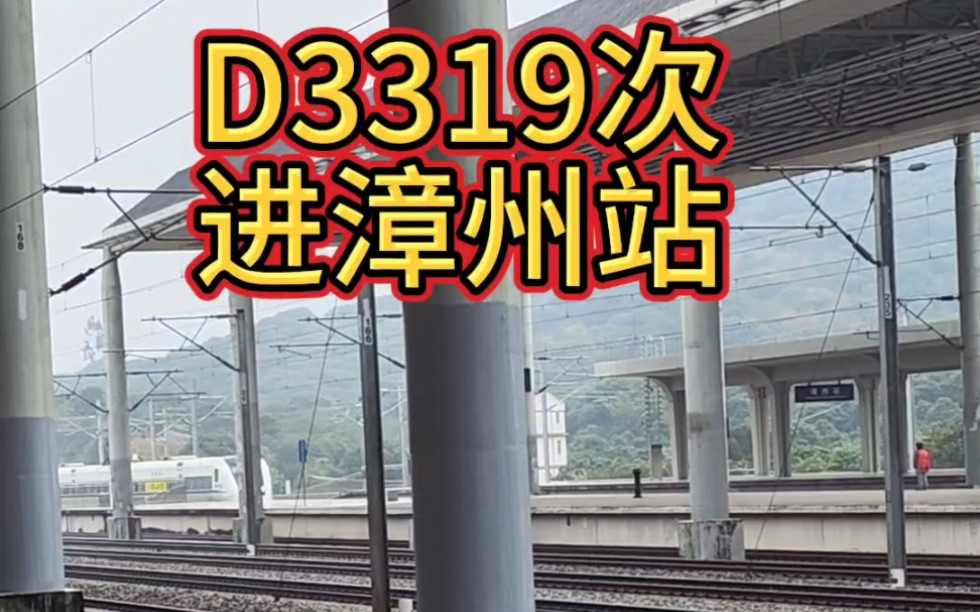 杭深线下行方向CRH1A动车组重联运行,到达漳州站,这是南昌局开行的福州南广州东D3319次动车组列车,列车上午10点到达漳州站,停车2分.哔哩哔...