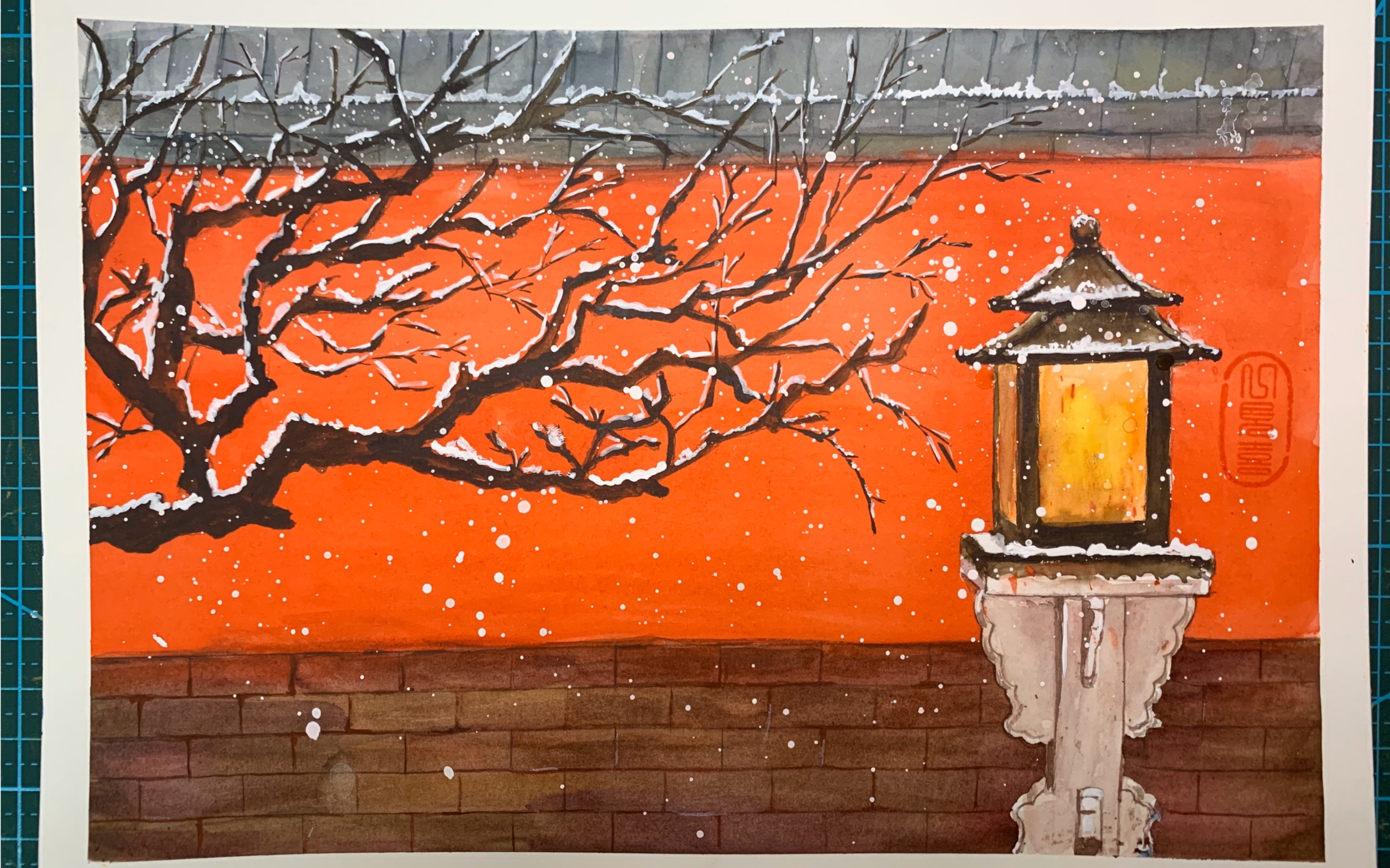 水彩故宫红墙雪景图片