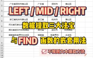 Скачать видео: Excel里数据提取三大法宝: LEFT/MID/RIGHT，与FIND函数的嵌套用法，高效提取不规则文本