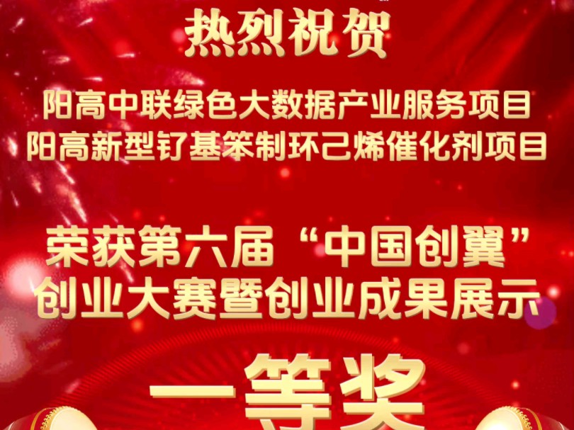 热烈祝贺阳高新型钌基苯制环己烯催化剂项目和中联绿色大数据产业服务项目荣获第六届“中国创翼”创业大赛一等奖 #中国创翼大赛 #中联大数据 #阳高融...