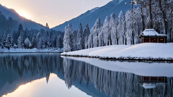 【冬日仙境,大自然的馈赠】清晨第一缕阳光洒落大地,雪花轻盈飘落,湖