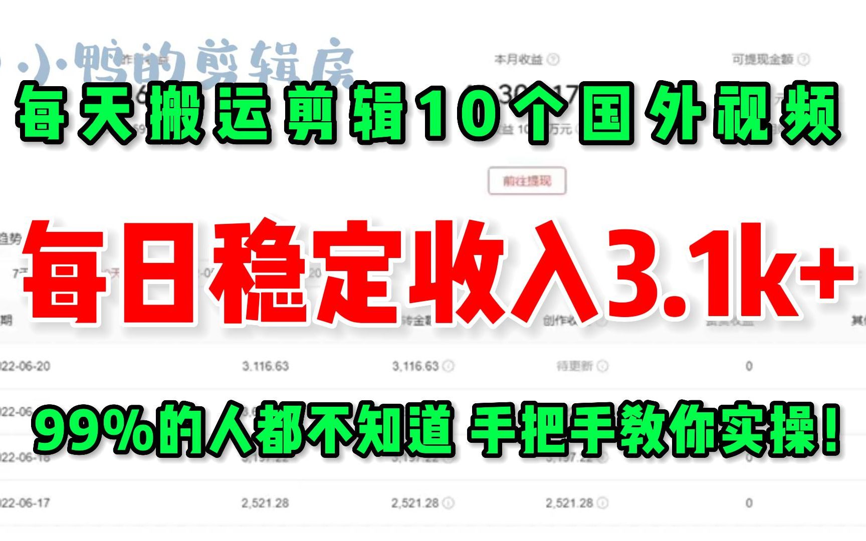 每天搬运剪辑10个国外视频,每日稳定收入3.1K+,99%的人都不知道,手把手教你实操!哔哩哔哩bilibili