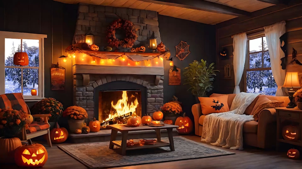 舒适的万圣节氛围在噼啪作响的壁炉燃烧声和呼啸的寒风中入睡