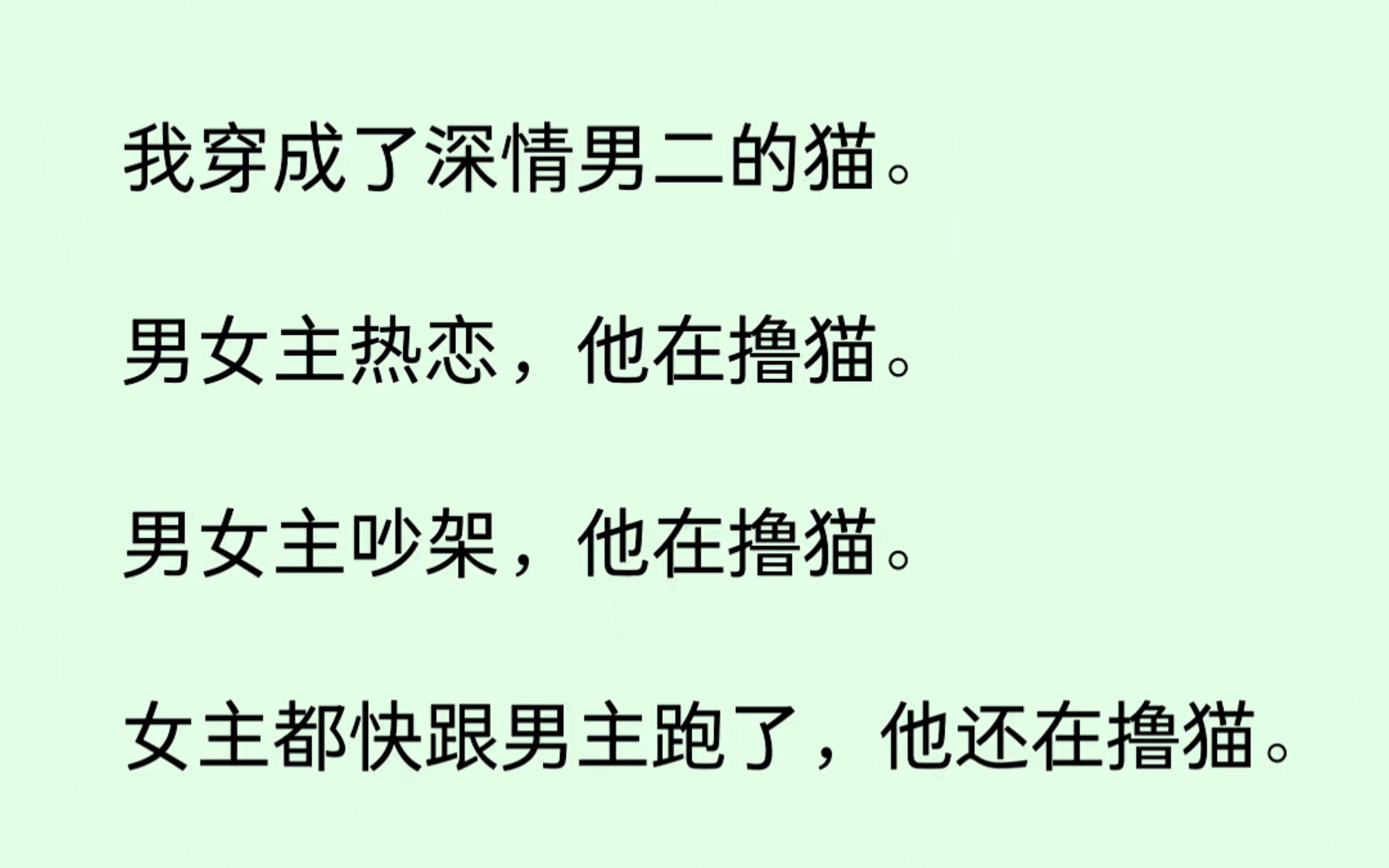 我穿成深情男二的猫,男女主热恋,他撸猫,男女主吵架,他撸猫,女主都快跟男主跑了,他还在撸猫.我恨铁不成钢:“撸撸撸,老婆都要跑了还撸猫呢.......