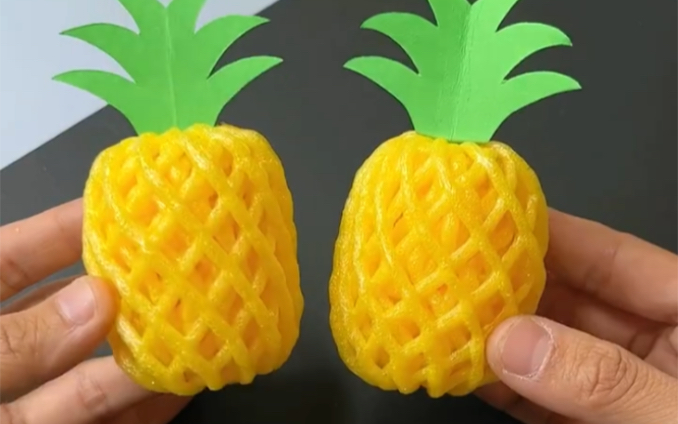 用水果网做的小菠萝,简单又可爱,快跟小朋友一起来试试