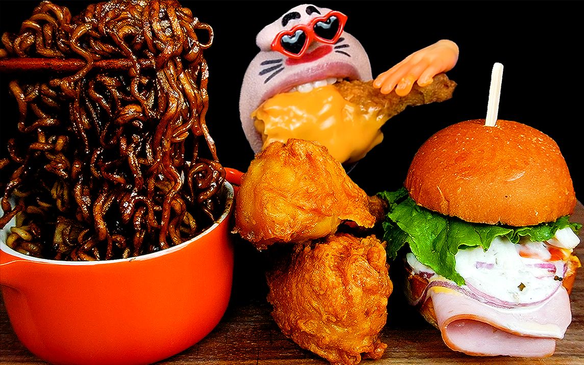 韩国吃播realmouth黑豆面炸鸡迷你汉堡