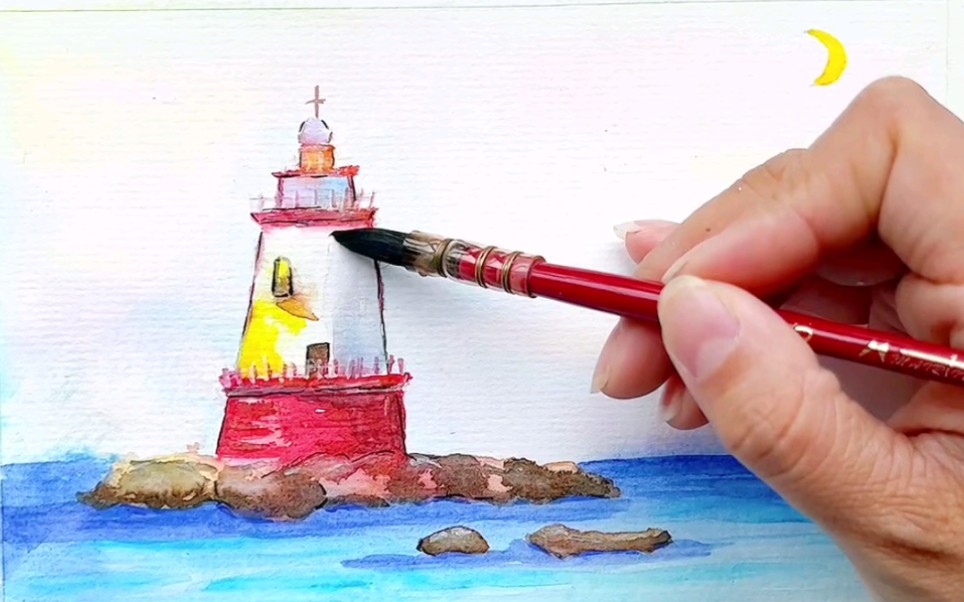 治愈系水彩颜料画,海边灯塔教程!好美!