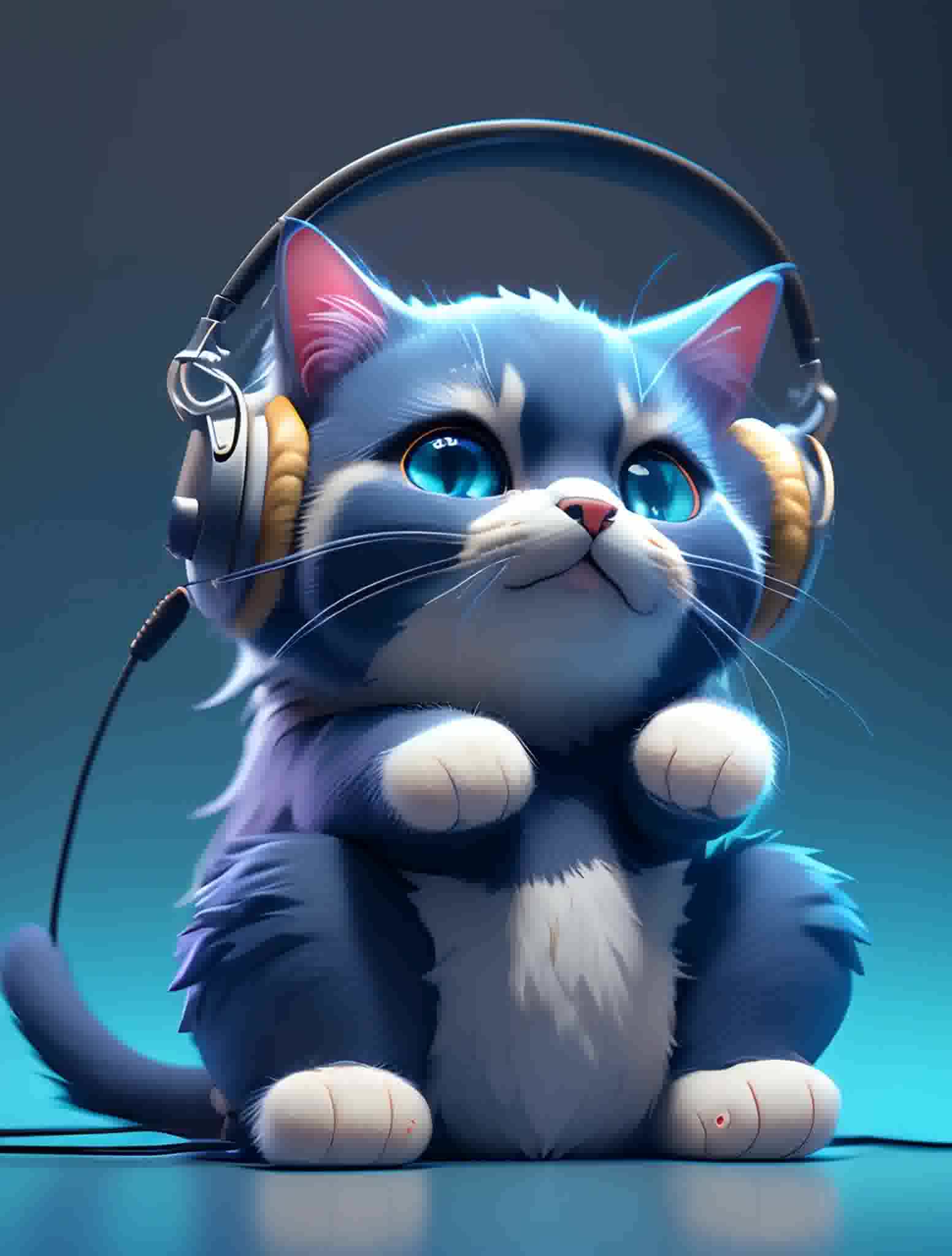 一只戴着耳机穿着夹克的猫坐在喷泉里的一片