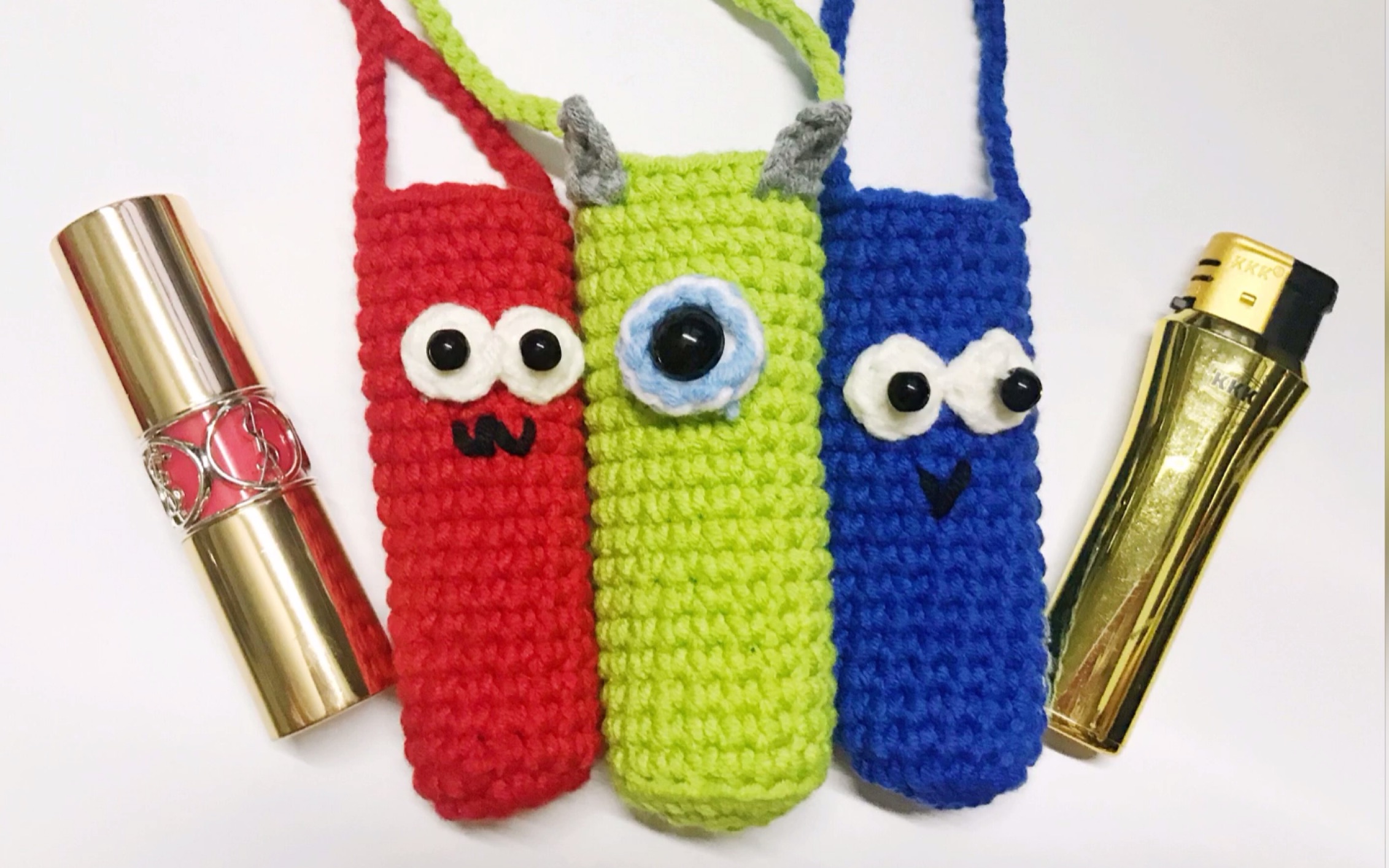 第四集 yomi手作 钩针毛线口红套可爱眼睛针织口红套口红袋打毛线火机