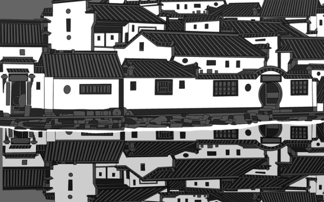 黑白灰简约国潮,中国经典农村建筑插画