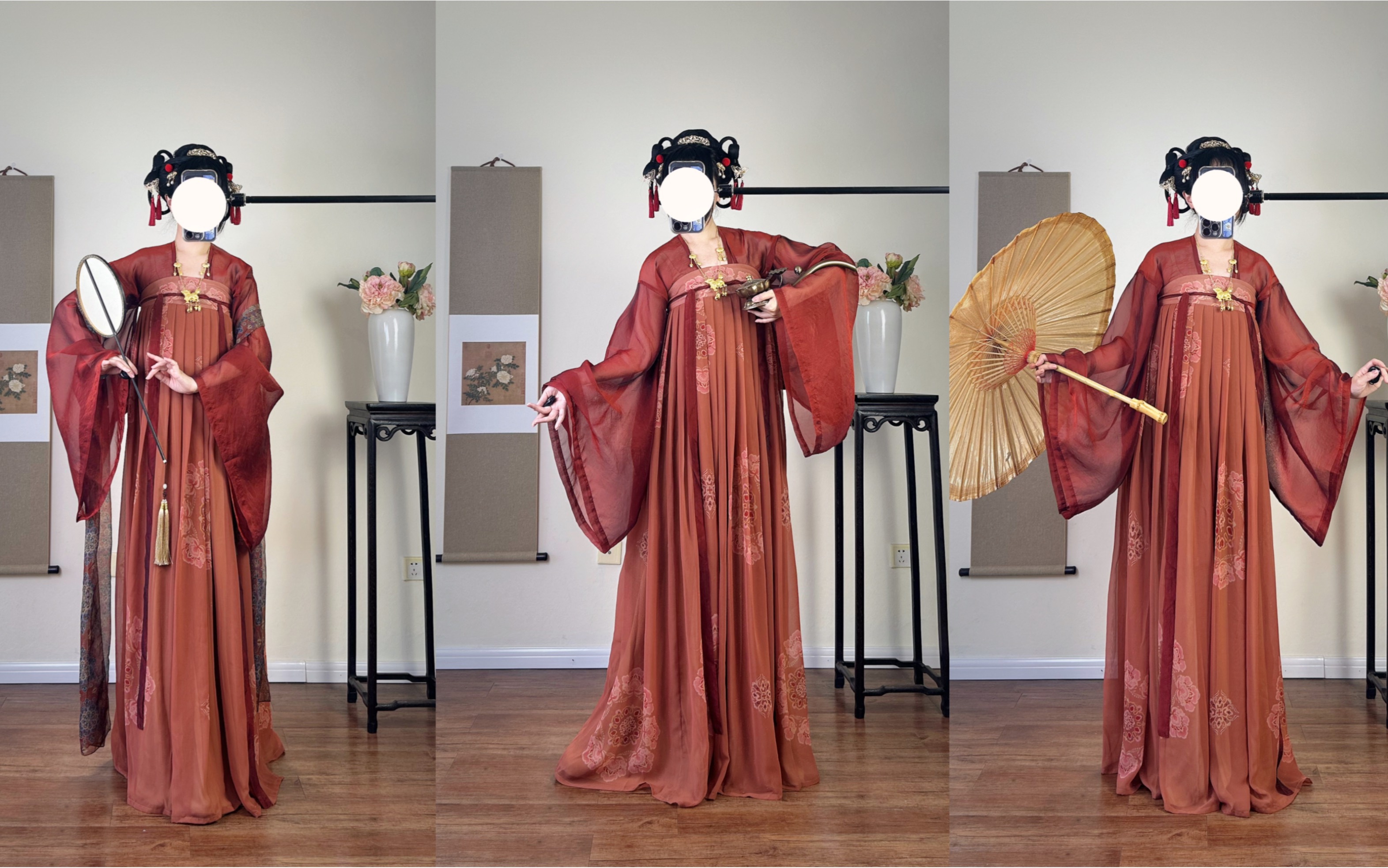 【猫耳朵】齐胸衫裙|红色系复原唐风|裙身是唐代古琵琶纹样哦