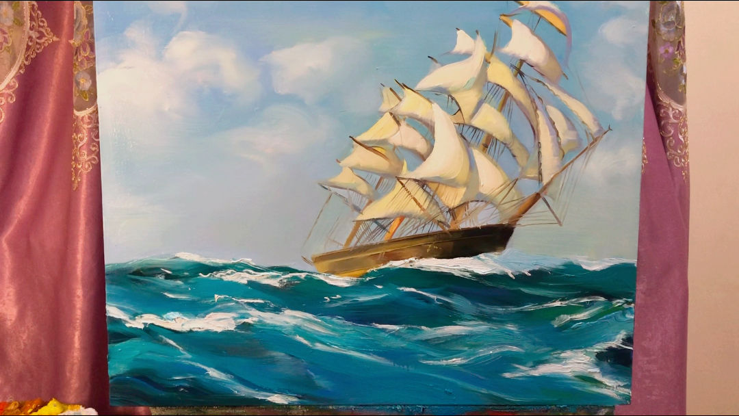 油画 大海 帆船