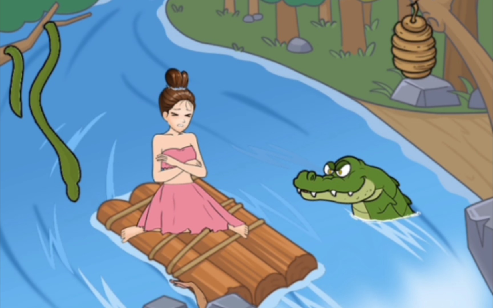 鳄鱼咬住了美女的裙角,竹叶青和马蜂在一旁虎视眈眈