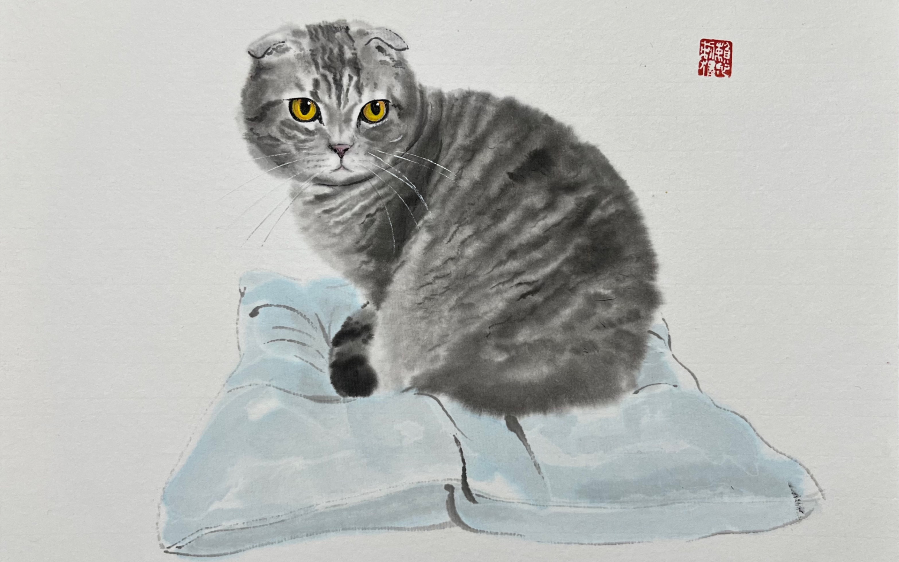 被遗弃的折耳猫 遇到好心人 作画留念 国画猫咪 画猫