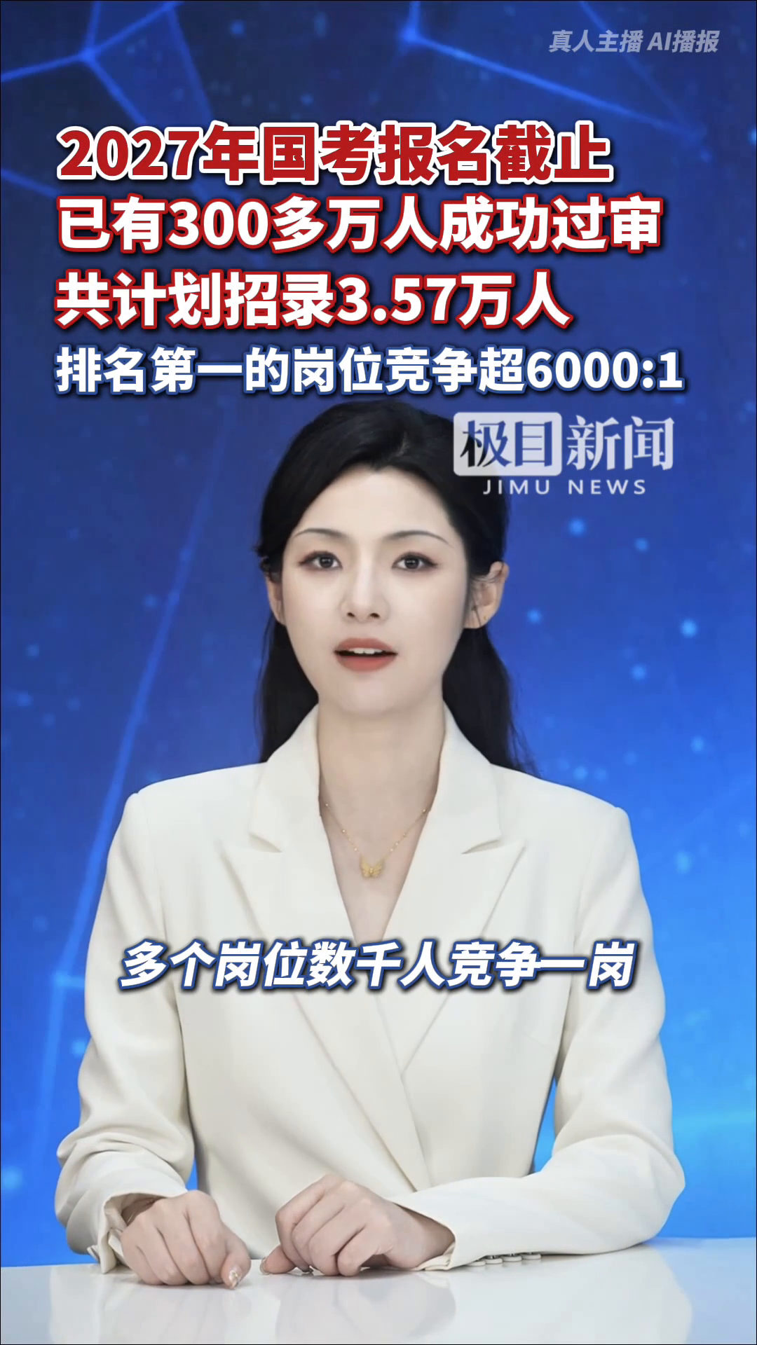2027年国考报名截止，已有300多万人成功过审，排名第一的岗位竞争超6000：1