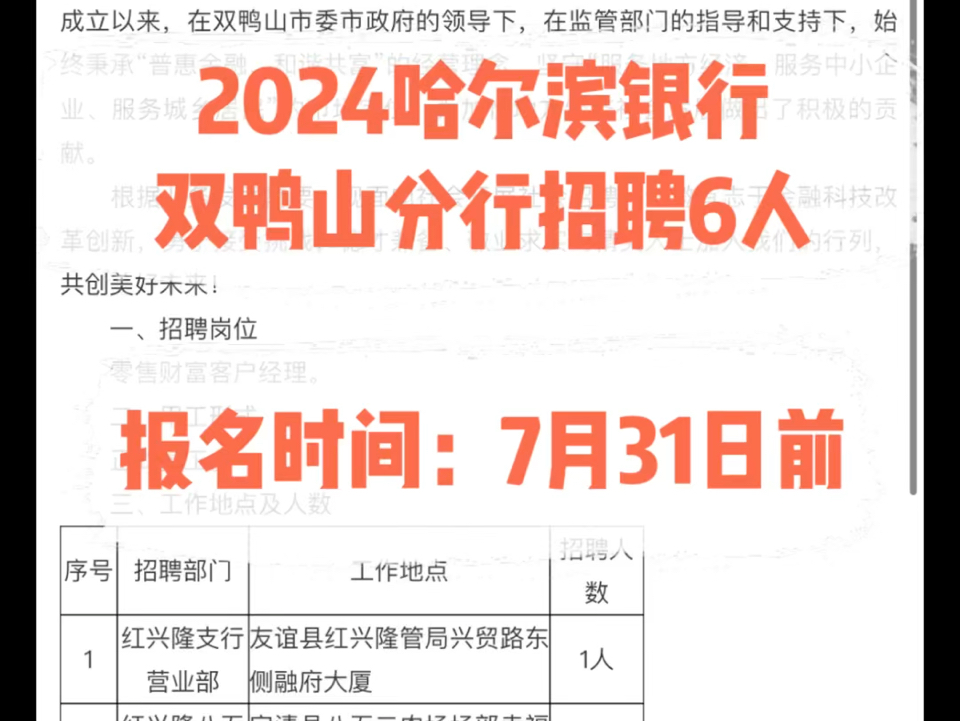 2024哈尔滨银行双鸭山分行招聘6人.报名时间:7月31日前哔哩哔哩bilibili