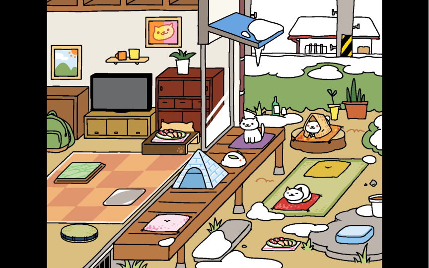 猫咪后院,雪景再现,雪猫frosty第100次来访,穿蓑衣戴斗笠,在橙色枫叶