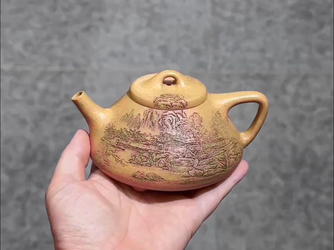 【精品紫砂壶推荐】刻绘山水雅器子冶石瓢