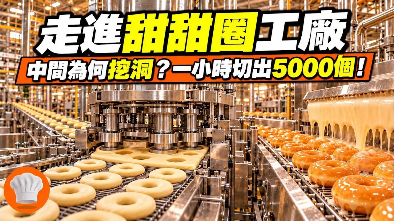 【美食文化】甜甜圈中间为何一定要挖洞？走进全自动甜甜圈工厂，看面团如何在190°C油锅炸90秒、糖釉瀑布瞬间包裹表面，奶油馅又是怎么「注射」进去的？【超级后厨】