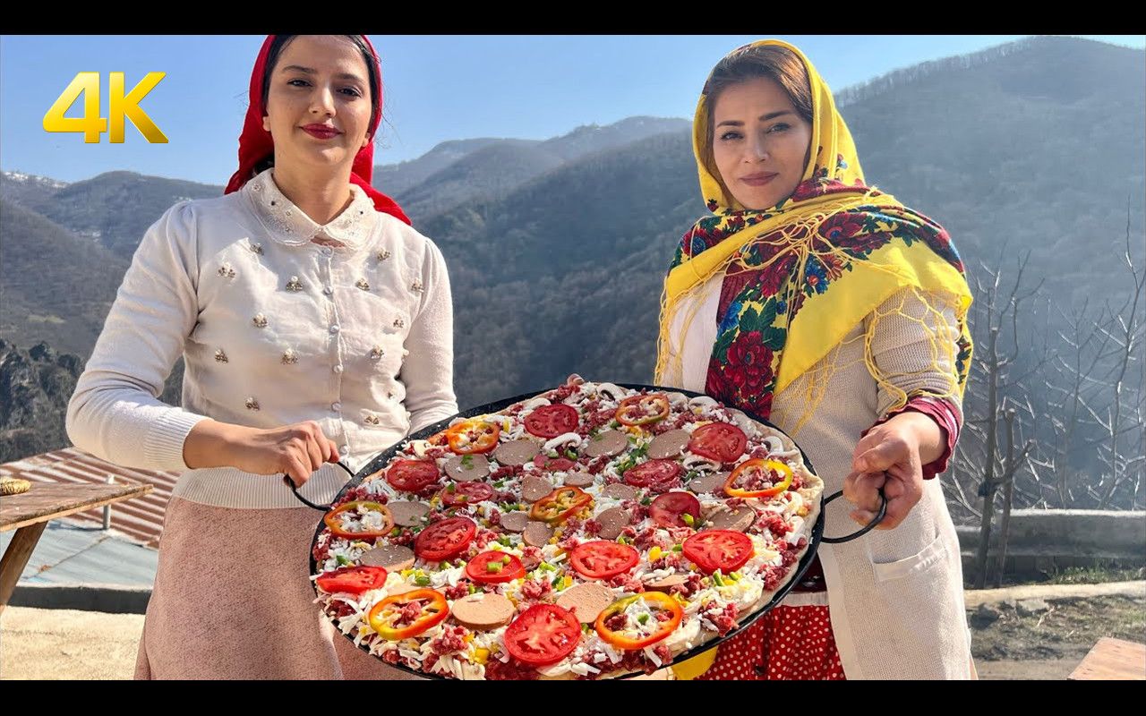 【4k】放松解压:伊朗乡村美食 - 柴火烹饪美味奶酪披萨 | 作者:kend