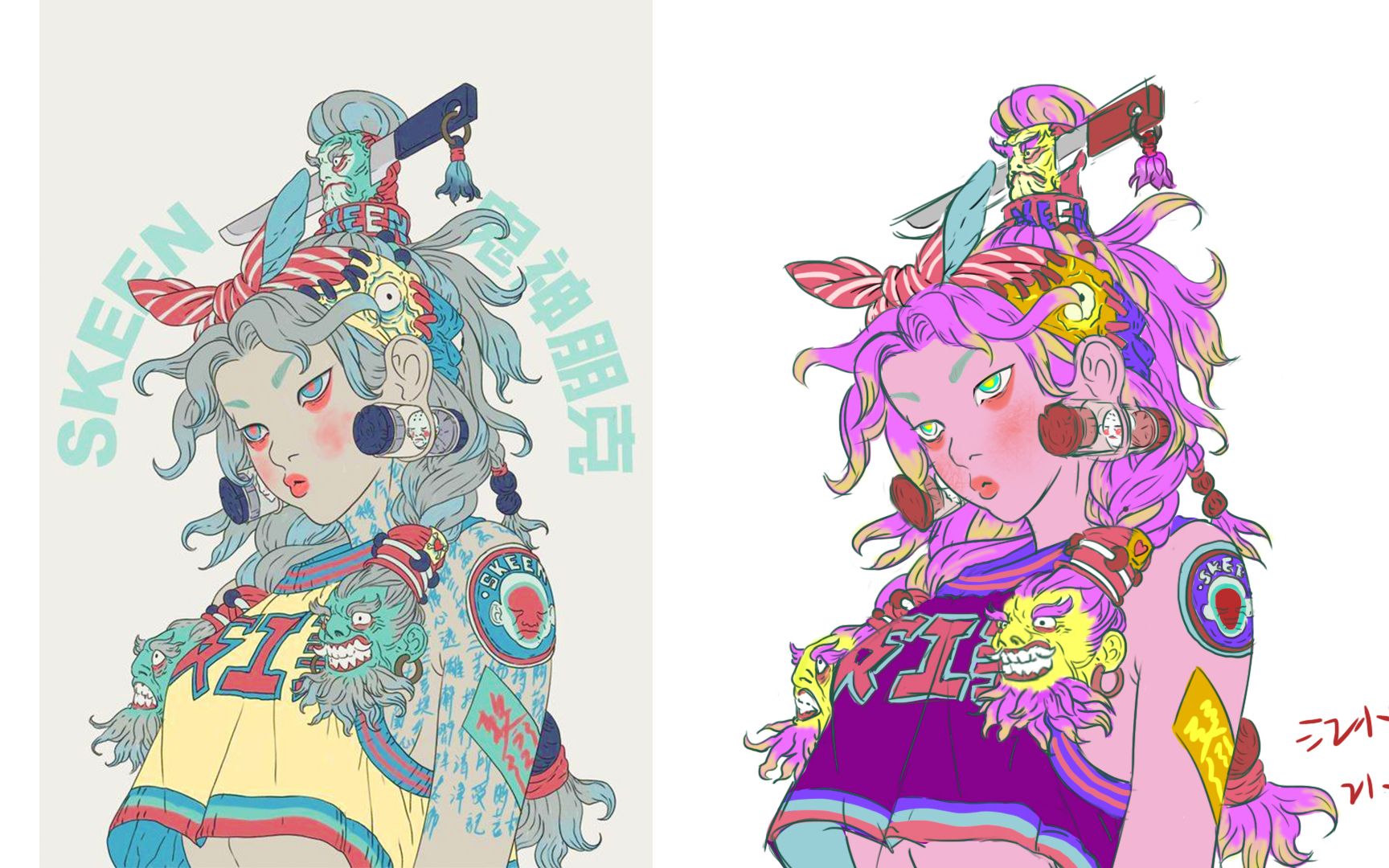 【插画临摹】今天是赛博朋克风的美少女~手动换了个配色,好看吗