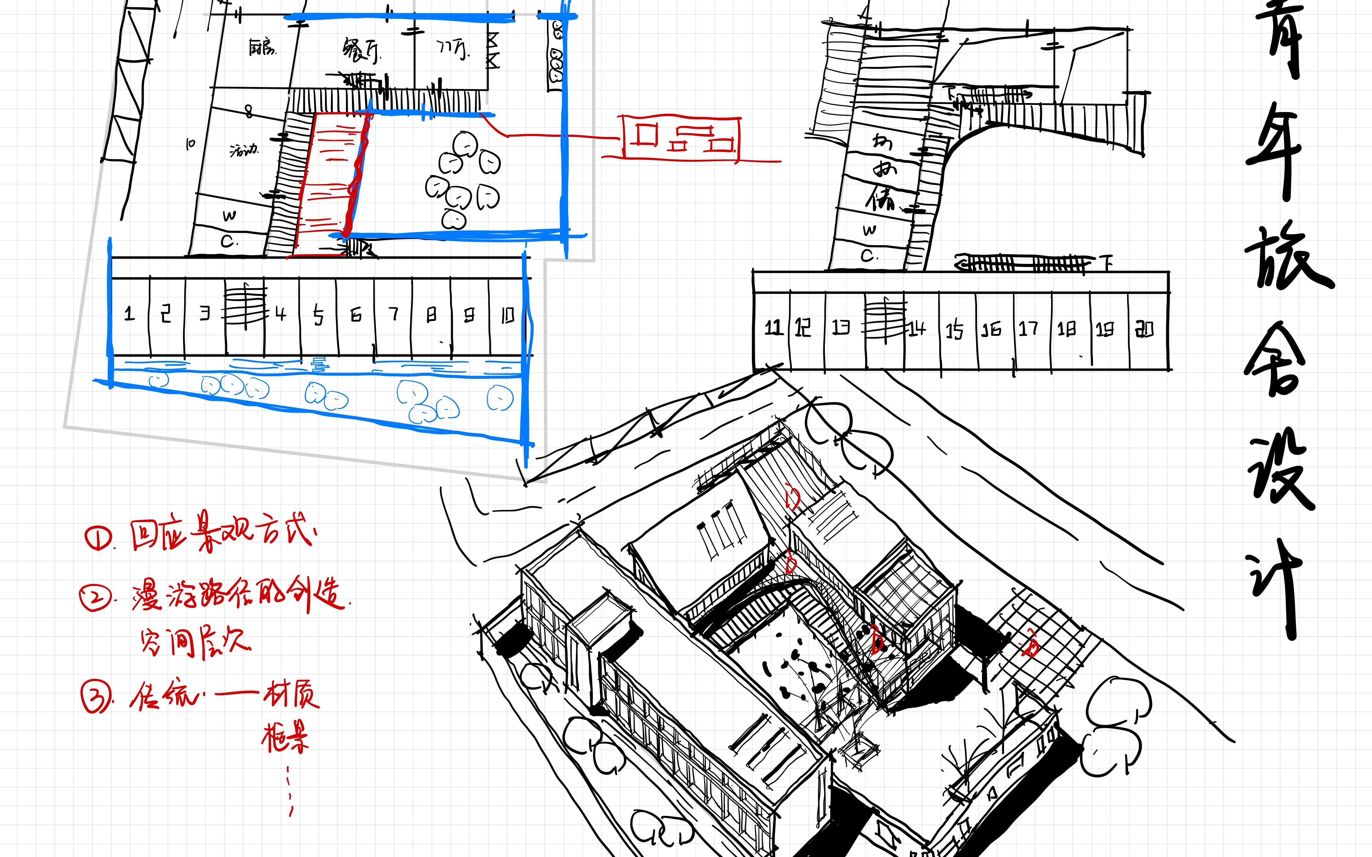 [图]建筑快题【平面功能】+【造型设计】十八式之第12式：青年旅社建筑方案生成过程解析演示及设计语汇萃取（金筑四方考研教育）