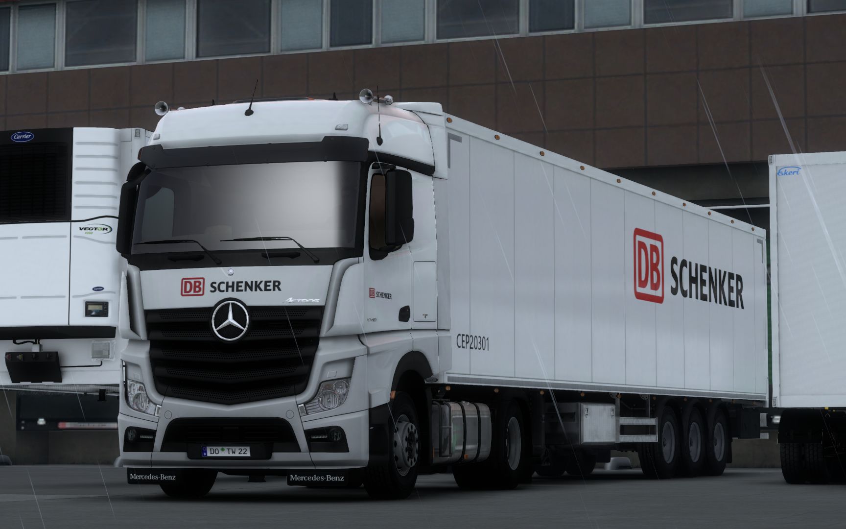 欧卡2 pov 雨天驾驶奔驰actros mp4 运输快递 euro truck simulator 2