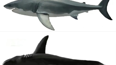 巨齿鲨和大白鲨同体长对比,巨齿鲨20米100吨,正常雌大白鲨放大到20米