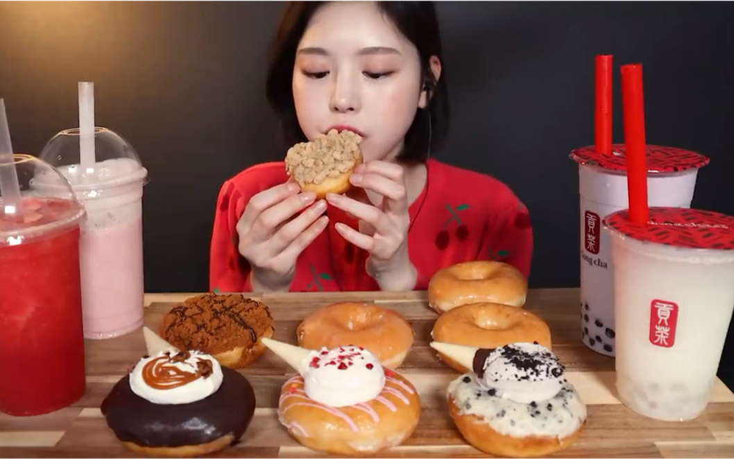 boki丨吃播文福姬姐姐吃甜圈圈喝奶茶吃货咀嚼音食音