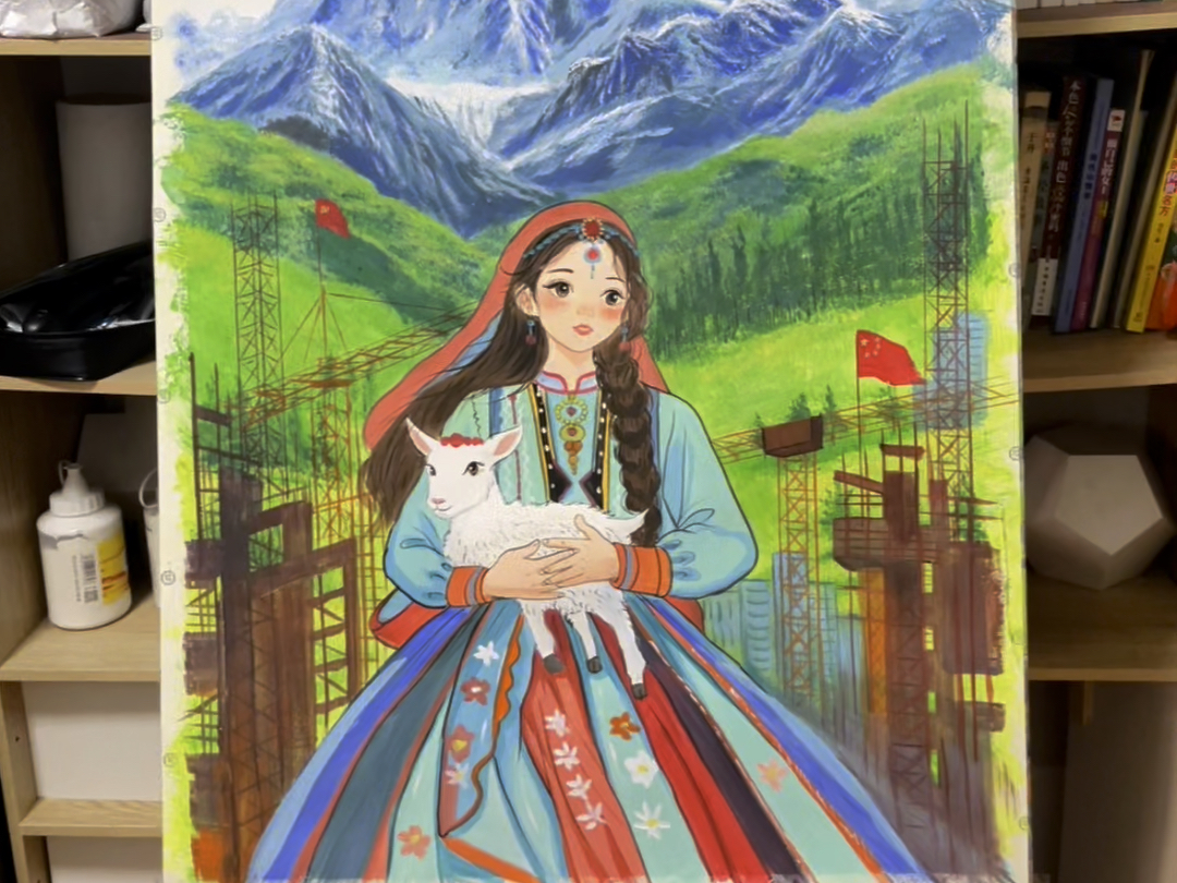 新疆风景美如画水粉风景画丙烯画手绘#山水风景画 #风景画 #水粉