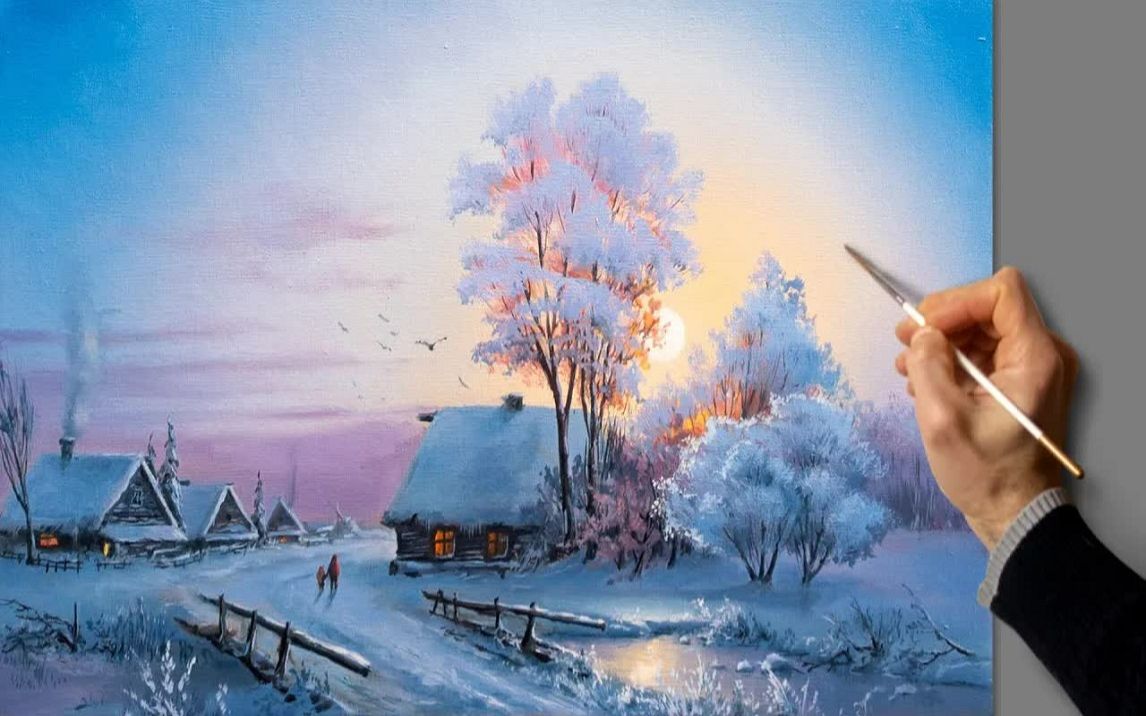 [图]【丙烯画】【绘画教程】冬天的日落-Acrylic Landscape Painting - Winter Sunset Relaxing Art