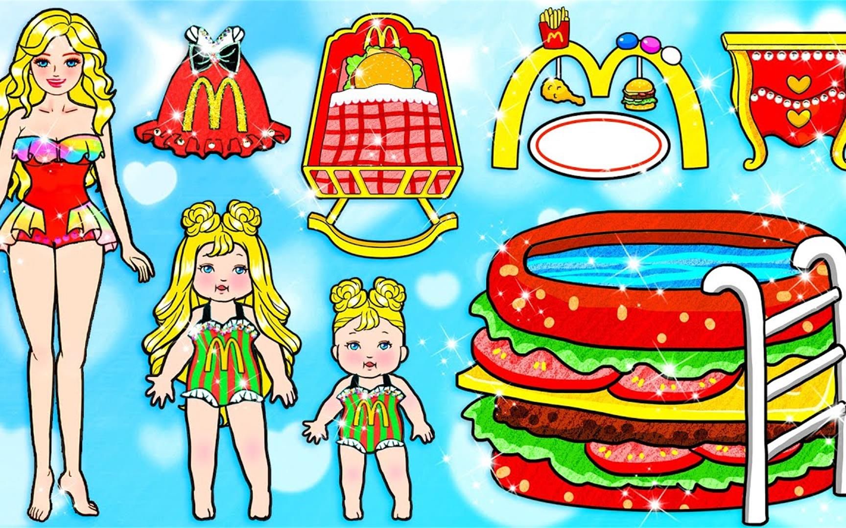 纸娃娃动画:妈妈diy家庭游乐场,汉堡泳池vs薯条滑梯,女儿会喜欢吗