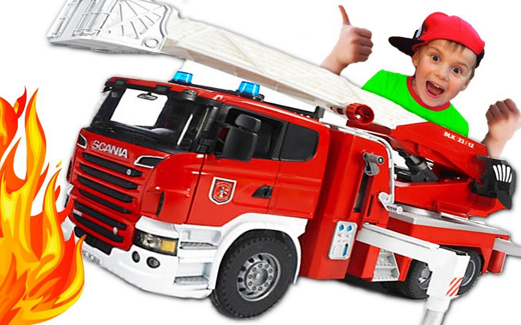 益智玩具:玩具车着火,男孩用布鲁德消防车救援,能成功灭火吗?