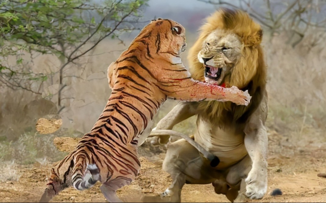 三只狮子围攻老虎,没想到被老虎啪啪啪几耳光,打得眼冒金星_哔哩哔哩