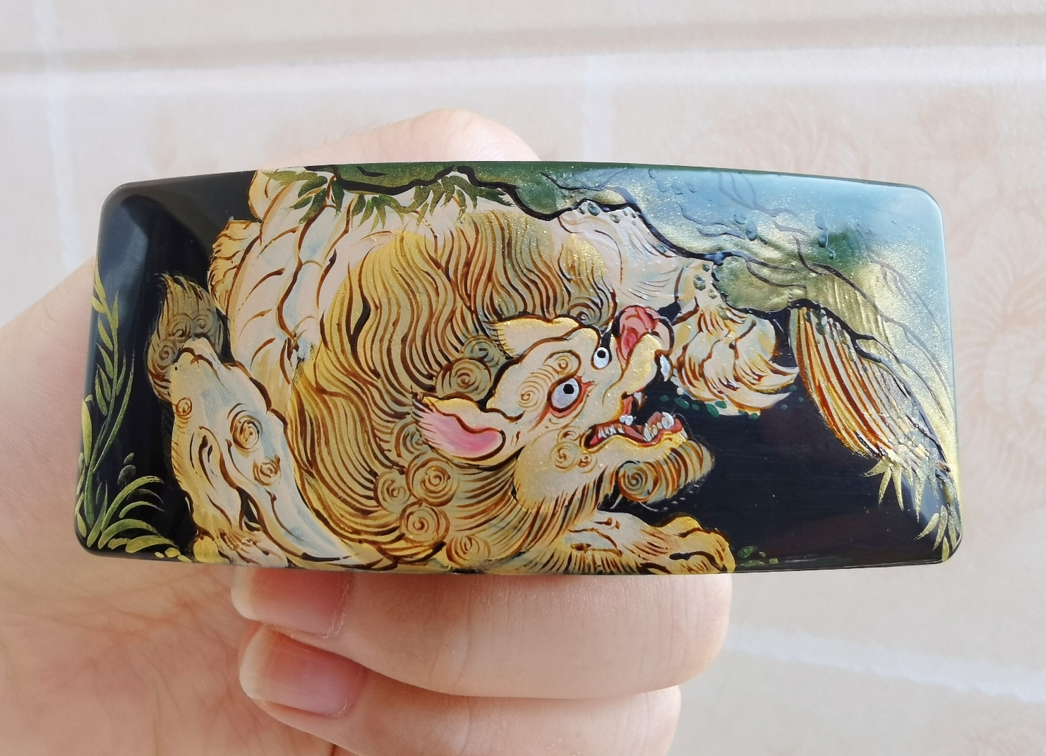 大漆发夹|彩绘晕金【金毛犼】