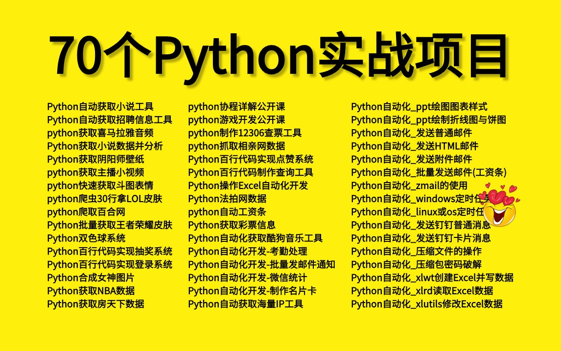 [图]Python70个实战练手项目，超级实用，快速上手，一天一套，新学期毕业即高薪！(新项目持续开发中...)