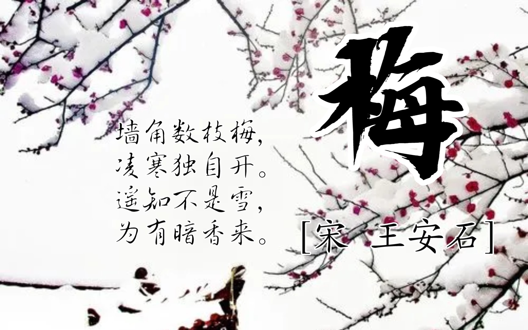 [图]梅花[王安石 宋代]墙角数枝梅，凌寒独自开。遥知不是雪，为有暗香来。