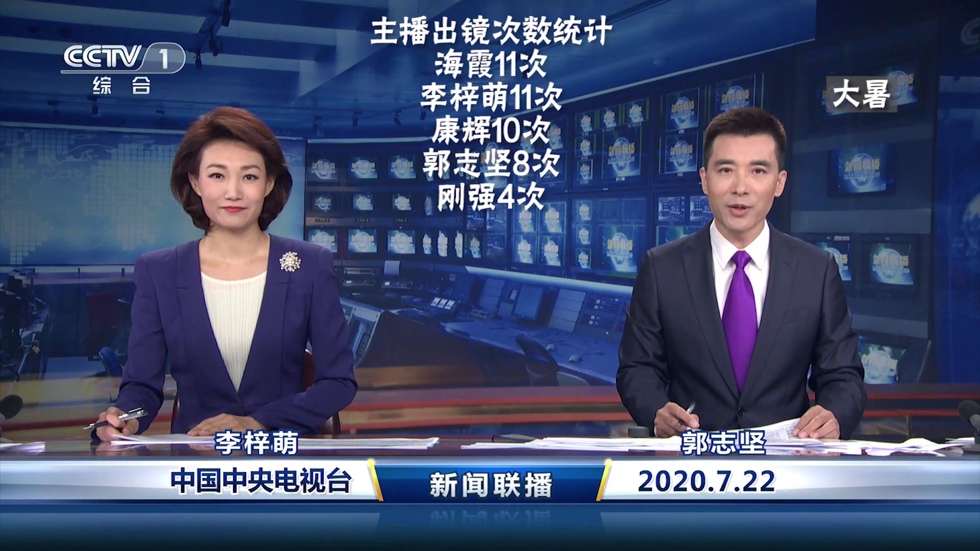 2020年7月份新闻联播主播出镜记录
