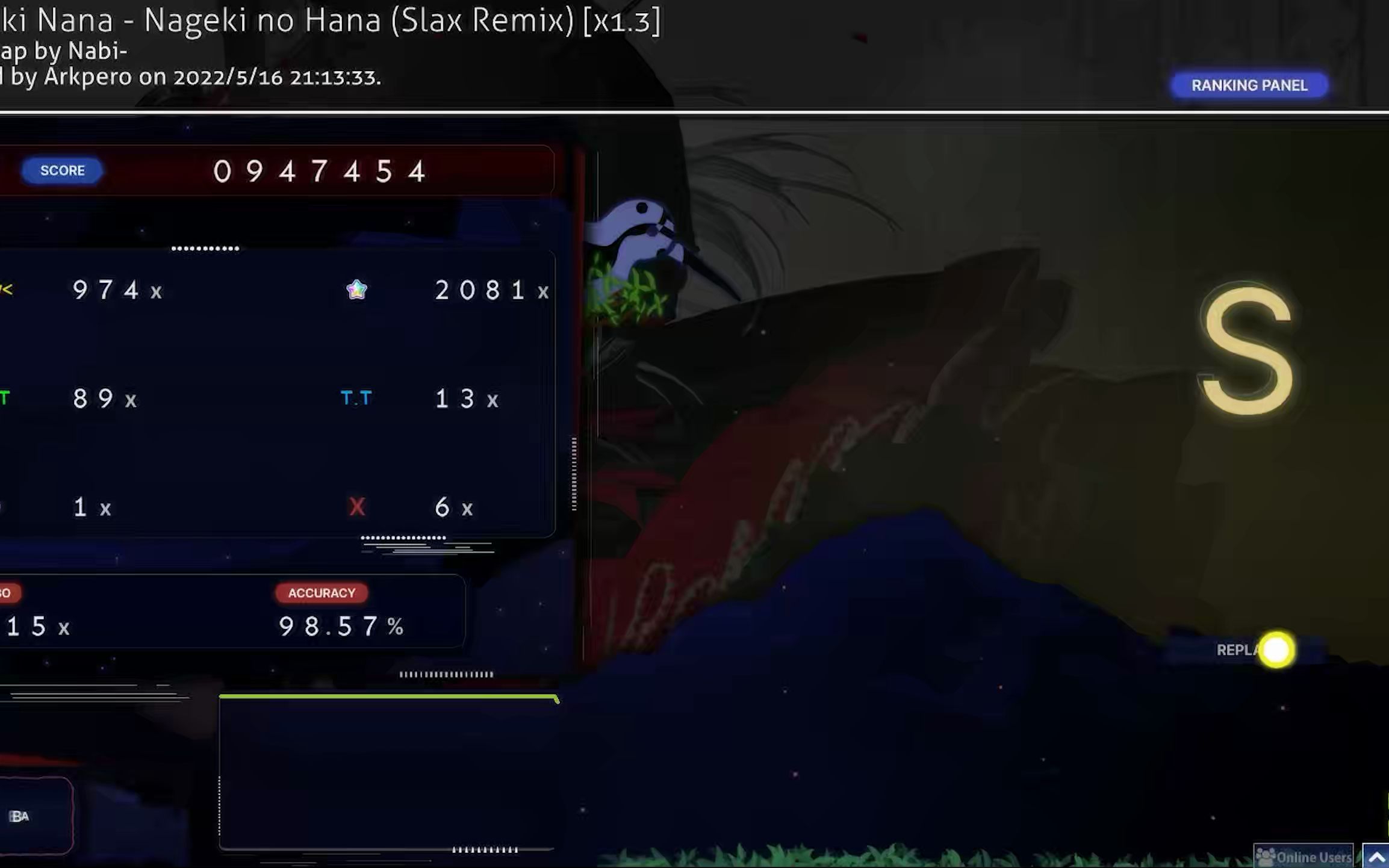 [图][OSU!Mania] 嘆きの華 1.3x 98.57%