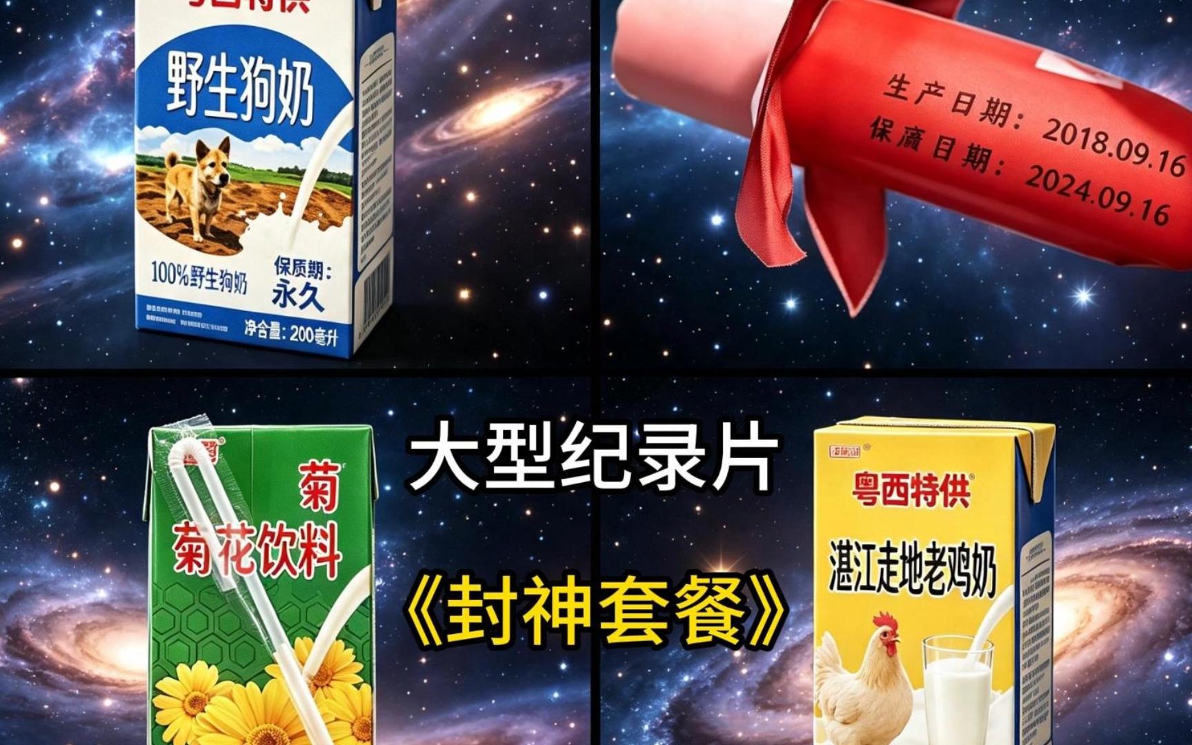 野生狗奶：永恒时间，春秋肠：时空回溯，菊花饮料：空间法则，湛江走地老鸡奶：虚无之力