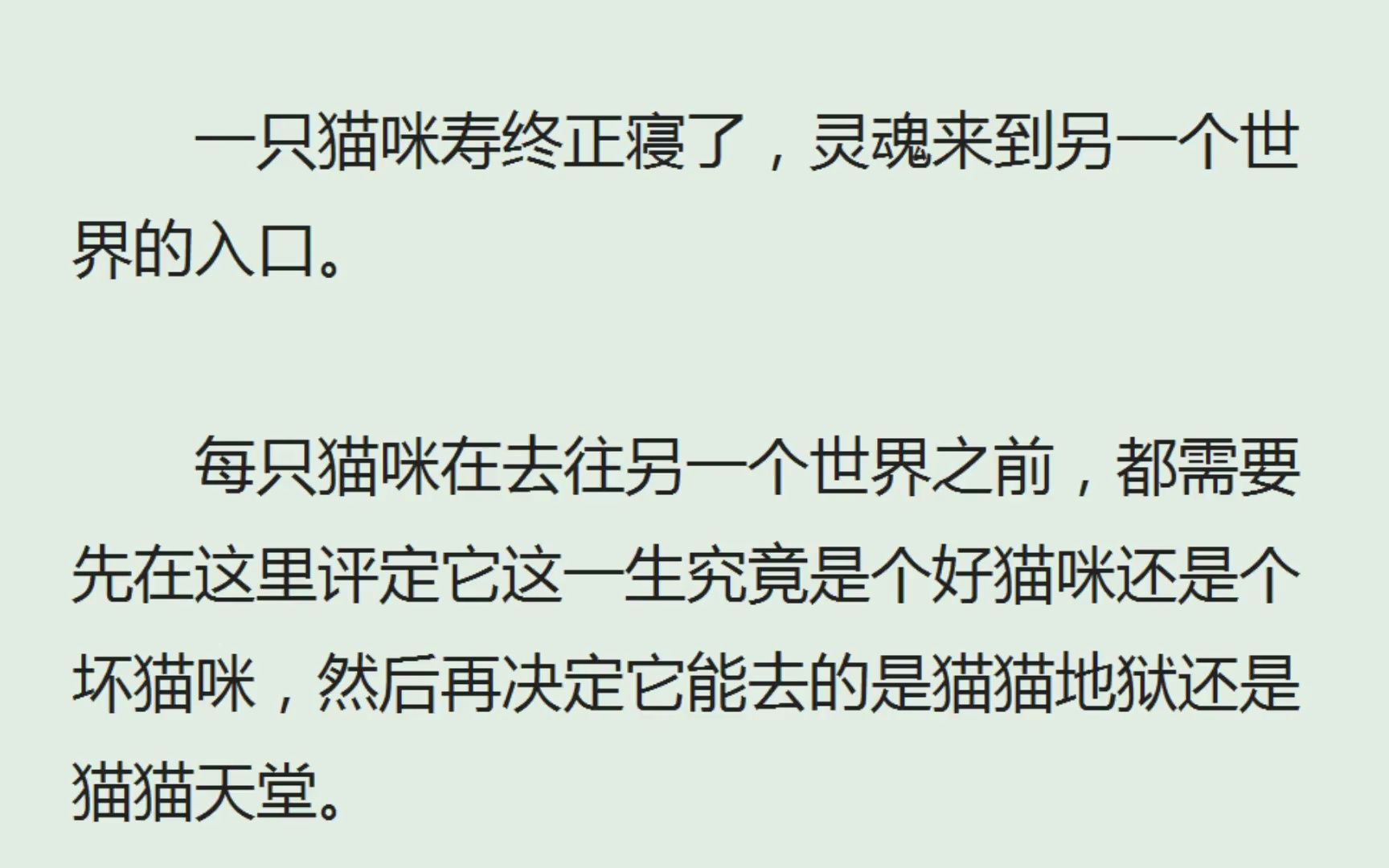 《猫咪的天平》(全)一只猫咪寿终正寝了,灵魂来到另一个世界的入口.每只猫咪在去往另一个世界之前,都需要先在这里评定它这一生究竟是个好猫咪还...