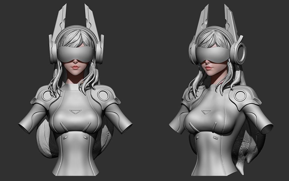zbrush案例机械风格小姐姐角色半身雕刻全流程案例讲解女性角色人头全