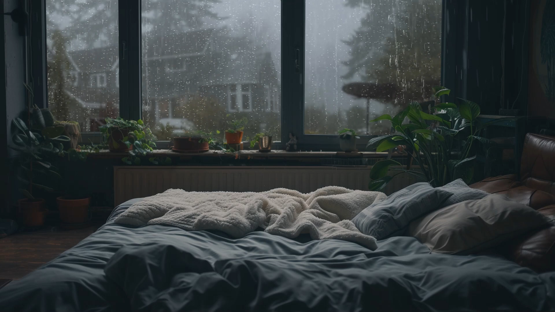 雨天在温馨的卧室里睡在舒适的大床上,伴随着雨声放松沉睡