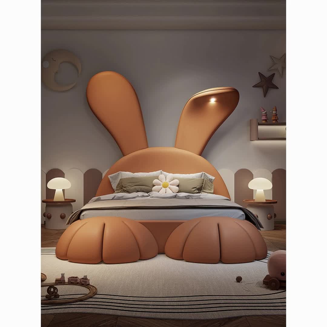 儿童粉色公主床卡通兔子现代简约多功能女孩床布艺网红豪华实木床3953